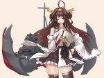 1girl ahoge bare_shoulders blush breasts brown_hair cannon detached_sleeves double_bun finger_to_mouth hair_ornament hairband hand_on_hip hayama_kazusa headgear japanese_clothes kantai_collection kongou_(kantai_collection) large_breasts long_hair looking_at_viewer nontraditional_miko one_eye_closed ribbon-trimmed_sleeves ribbon_trim skirt smile solo thigh-highs zettai_ryouiki 
