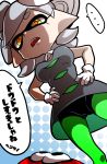  +_+ 1girl bike_shorts detached_collar domino_mask dress fang gloves green_legwear hair_rings hotaru_(splatoon) inkling mask mole mole_under_eye pantyhose pointy_ears short_hair shorts_under_dress silver_hair splatoon squid strapless_dress supikuru symbol-shaped_pupils tentacle_hair translation_request upskirt white_gloves yellow_eyes 