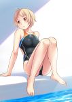  1girl absurdres blonde_hair brown_eyes competition_swimsuit highres kuri_(kurigohan) mizuno one-piece_swimsuit original poolside short_hair sitting swimsuit wet 