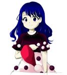  1girl blue_eyes blue_hair blush_stickers doremy_sweet hat long_hair nightcap pom_pom_(clothes) short_sleeves simple_background solo touhou uranaishi_(miraura) white_background 