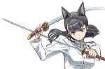  1girl animal_ears black_hair dog_ears dual_wielding grey_eyes heterochromia holding holding_sword holding_weapon katana long_hair long_sleeves military military_uniform ponytail sakamoto_mio solo strike_witches sword tks_(chikuwa) uniform violet_eyes weapon 