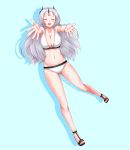  1girl bikini closed_eyes closers full_body highres horns levia_(closers) long_hair ofuda open_mouth outstretched_arms silver_hair smile swimsuit 