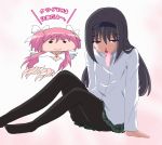  2girls akemi_homura black_hair black_legwear blood goddess_madoka hairband hayashiya_zankurou kaname_madoka long_hair mahou_shoujo_madoka_magica mouth_hold multiple_girls nosebleed panties pantyhose pink_hair school_uniform short_hair short_twintails smile translated twintails underwear violet_eyes zanshomimai 