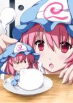  2girls blue_clothes blush_stickers chibi close-up eating food hat highres japanese_clothes looking_at_another mob_cap multiple_girls nikuman nori_tamago pink_eyes pink_hair saigyouji_yuyuko seiza sitting skirt table touhou triangular_headpiece 