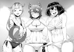  3girls ball beachball bifidus bikini breasts eyepatch ise_(kantai_collection) kantai_collection large_breasts multiple_girls necktie scar smile swimsuit tenryuu_(kantai_collection) yuudachi_(kantai_collection) 