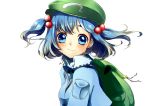  1girl 2011 a1ri backpack bag beret blue_eyes blue_hair dated hat kawashiro_nitori looking_at_viewer smile solo touhou twintails upper_body 