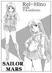  bishoujo_senshi_sailor_moon earrings hand_on_hip hino_rei jewelry long_hair looking_at_viewer magical_girl monochrome naonao77 open_mouth original pleated_skirt ribbon sailor_collar sailor_mars school_uniform simple_background skirt smile tiara white_background 