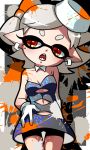  +_+ 1girl :o bike_shorts blush breasts chestnut_mouth cleavage detached_collar domino_mask dress earrings fang gloves hair_rings hotaru_(splatoon) jewelry mask mole mole_under_eye navel no_legwear object_on_head open_mouth pointy_ears short_hair shorts_under_dress silver_hair solo splatoon strapless_dress supikuru symbol-shaped_pupils tentacle_hair white_gloves yellow_eyes 