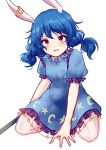  1girl animal_ears blue_hair blush dress ear_clip highres open_mouth puffy_short_sleeves puffy_sleeves rabbit_ears red_eyes seiran_(touhou) short_sleeves short_twintails simple_background solo touhou twintails uranaishi_(miraura) white_background 