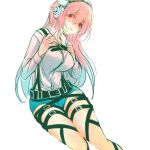  1girl belt blush breasts headphones large_breasts legs long_hair looking_at_viewer nitroplus open_mouth pink_hair red_eyes rin_(2665413) short_shorts shorts solo super_sonico 