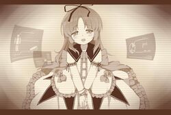  1girl ao_no_kiseki eiyuu_densetsu hair_ribbon letterboxed long_hair looking_at_viewer monochrome renne ribbon saru solo tears 