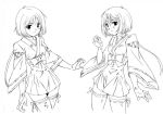  2girls detached_sleeves japanese_clothes looking_at_viewer miko monochrome multiple_girls naonao77 original short_hair simple_background smile thigh-highs wide_sleeves zettai_ryouiki 
