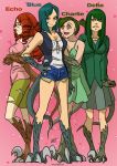 4girls :d arm_hug blue_(jurassic_park) blue_hair breasts brown_eyes character_name charlie_(jurassic_park) claws cleavage crossed_arms delta_(jurassic_park) dinosaur_girl dinosaur_tail dress drill_hair echo_(jurassic_park) full_body green_dress green_hair hair_ornament hairclip hand_on_hip heart highres jurassic_park jurassic_world kukuruyo long_hair monster_girl multiple_girls open_mouth pants personification redhead scales scar short_shorts shorts signature skirt sleeveless slit_pupils smile tail torn_clothes torn_pants twintails vest watermark web_address
