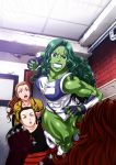  angry black_eyes black_hair blurry boots brick_wall brown_hair character_request chiba_toshirou depth_of_field fingerless_gloves gloves green_eyes green_hair green_skin jennifer_walters leotard marvel muscle ponytail she-hulk spiked_knuckles 