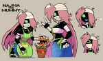  &gt;_&lt; 1girl :d absurdres apron ass bandaged_arm bandaged_fingers bandaged_head bandages black_skin blank_eyes blue_pants breasts carnivorous_plant character_name colored_skin covered_mouth denim flying_sweatdrops green_apron green_eyes grey_background hair_over_one_eye hand_up headpat highres jeans kneeling large_breasts long_hair multiple_views mummy najma_(rariatto) notice_lines one_eye_covered open_mouth original pants petting pink_hair plant potted_plant rariatto_(ganguri) sarashi smile waving 