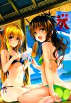  2girls beach bikini blonde_hair brown_hair cute golden_eyes konjiki_no_yami looking_at_viewer looking_back red_eyes smile tagme to_love-ru yuuki_mikan 