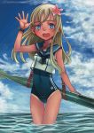  1girl blonde_hair blue_eyes clouds cloudy_sky crop_top flower hair_flower hair_ornament highres kantai_collection long_hair looking_at_viewer ocean open_mouth ro-500_(kantai_collection) sailor_collar school_swimsuit sky swimsuit tan tanline torpedo wading watch watch waving yutazo_028 