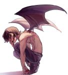  1boy black_eyes black_hair blood blood_from_mouth demon_wings devilman eyebrows fangs fudou_akira hand_on_own_face shinonoko_(tubamecider) short_hair smile solo squatting topless wings 