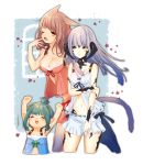  3girls 4th ;o animal_ears aqua_eyes arms_up au_ra babydoll breasts brown_hair cat_ears cat_tail cleavage collarbone dragon_girl dragon_horns dragon_tail fang final_fantasy final_fantasy_xiv green_hair highres horns lalafell long_hair miniskirt miqo&#039;te multiple_girls navel one_eye_closed open_mouth pointy_ears red_ribbon ribbon short_hair silver_hair skirt tail tears white_skirt yawning yellow_eyes 