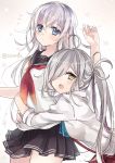  2girls ahoge asashimo_(kantai_collection) blue_eyes blue_nails blush flower gradient gradient_background hair_over_one_eye hibiki_(kantai_collection) hug hug_from_behind kantai_collection long_hair looking_at_viewer multiple_girls nail_polish open_mouth pleated_skirt ribbon school_uniform serafuku shijima_(sjmr02) side_ponytail silver_hair skirt teeth twitter_username yellow_eyes 