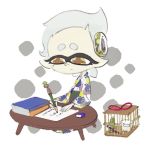  +_+ 1girl book cage child commentary_request domino_mask hotaru_(splatoon) japanese_clothes kimono mask mole mole_under_eye official_art pointy_ears short_hair silver_hair solo splatoon symbol-shaped_pupils table writing yellow_eyes younger 