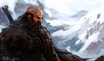  1boy bald beard brown_hair cape dwalin dwarf facial_hair ladyavali solo sword tattoo the_hobbit weapon 