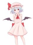  1girl arms_behind_back ascot bat_wings batta_(ijigen_debris) blue_hair bow hat hat_bow highres mob_cap red_eyes remilia_scarlet solo touhou white_background wings 