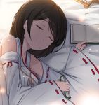  bare_shoulders black_hair book deneb_(noble324) detached_sleeves glasses green-framed_glasses japanese_clothes kantai_collection kirishima_(kantai_collection) nontraditional_miko short_hair sleeping 