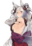  1girl animal_ears blue_eyes blush breasts detached_sleeves duoyuanjun granblue_fantasy hair_ornament highres kanzashi long_hair parted_lips simple_background socie_(granblue_fantasy) solo tail very_long_hair white_background 