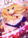  1girl anime_coloring bangs bare_shoulders blonde_hair bow breasts cherry_blossoms cleavage collarbone commentary_request danmaku dress gloves hair_bow hari_no_ha hat hat_ribbon holding_umbrella legs_up long_hair mob_cap petals puffy_short_sleeves puffy_sleeves reflective_eyes ribbon ribbon_trim short_sleeves solo strapless_dress thighs touhou umbrella very_long_hair violet_eyes white_gloves wind yakumo_yukari 