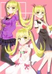  3girls bakemonogatari blonde_hair dress jacket long_hair monogatari_(series) multiple_girls multiple_persona nisemonogatari oshino_shinobu pantyhose pointy_ears school_uniform triple_persona twintails yamae_saki yellow_eyes 