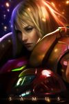  1girl blonde_hair character_name green_eyes headwear_removed helmet helmet_removed highres kathryn_lee_steele metroid portrait power_armor realistic samus_aran shiny solo 