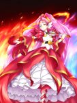  1girl akagi_towa bangs belt bracelet choker cure_scarlet detached_sleeves dress earrings fire frilled_dress frills go!_princess_precure jewelry long_hair magical_girl mode_elegant_(go!_princess_precure) parted_bangs pink_hair pointy_ears precure quad_tails red_eyes red_shoes shoes skirt solo tiara very_long_hair 