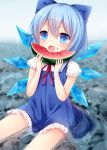  1girl amashiro_natsuki blue_dress blue_eyes blue_hair bow cirno dress eating food food_on_face hair_bow highres ice ice_wings open_mouth sitting solo touhou water wings 