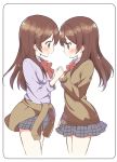  2_x_kanojo 2girls blue_eyes blush borrowed_character bow brown_hair clothes_around_waist commentary_request face-to-face haduki_(2_x_kanojo) holding_hands jacket_around_waist long_hair looking_at_another multiple_girls sato_fuyuka school_uniform skirt smile ususa70 yuri 