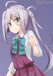  &gt;:&lt; 1girl ahoge anti_(untea9) asashimo_(kantai_collection) blush clenched_hand green_eyes kantai_collection ponytail purple_background silver_hair simple_background solo twitter_username 