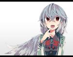 1girl brooch finger_to_mouth jewelry kishin_sagume legacy_of_lunatic_kingdom open_mouth red_eyes silver_hair single_wing solo tongue tongue_out touhou wings yoshinaga_p 