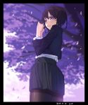  1girl artist_name black_legwear blush brown_hair cherry_blossoms dated garnet highres letterboxed looking_at_viewer looking_back open_mouth original pantyhose petals pleated_skirt red_eyes school_uniform sketch skirt solo tree 