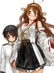  1boy 1girl ahoge bare_shoulders black_hair black_skirt blush brown_hair detached_sleeves double_bun frilled_skirt frills hair_over_one_eye hairband holding_hands kantai_collection kongou_(kantai_collection) long_hair long_sleeves military military_uniform nontraditional_miko remodel_(kantai_collection) ribbon-trimmed_sleeves ribbon_trim sachito short_hair shota_admiral_(kantai_collection) simple_background skirt uniform white_background 