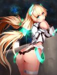  1girl :o against_wall angela_balzac armor ass bangs bare_shoulders blonde_hair blue_eyes blush breast_rest breasts cowboy_shot floating_hair from_behind glowing halterneck head_tilt highleg highleg_leotard highres lantern leotard light_trail long_hair looking_at_viewer looking_back low_twintails nebula neon_trim night night_sky open_mouth outdoors pilot_suit rakuen_tsuihou sky solo star_(sky) starry_sky surprised takanashie thigh_strap thong thong_leotard turtleneck twintails very_long_hair 