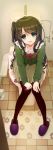  1girl akahito black_legwear blush brown_hair commentary_request green_eyes highres long_hair looking_at_viewer one_side_up open_door open_mouth pantyhose sitting slippers smile solo tamasaka_makoto toilet tokyo_7th_sisters very_long_hair 