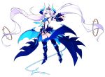  1girl absurdres bat_wings blue_boots blue_bow blue_eyes boots bow braid chain crown detached_sleeves elsword french_braid greaves grin highres horns hwansang leotard long_hair luciela_r._sourcream noblesse_(elsword) official_art pointy_ears smile solo symbol-shaped_pupils tail thigh-highs thigh_boots twintails very_long_hair white_hair wings 