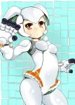  1girl :&lt; breasts cowboy_shot finger_cannon gunslinger_stratos hair_between_eyes red_eyes robot_ears robot_girl robot_joints shi_ecchi solo white_hair xi-988 