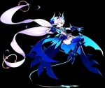 1girl bat_wings black_background blue_bow blue_eyes blue_legwear bow brooch crown detached_sleeves elsword expressionless floating greaves horns hwansang jewelry leotard long_hair luciela_r._sourcream noblesse_(elsword) pointy_ears solo tail thigh-highs twintails white_hair wings 