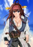  1girl absurdres ahoge antique_firearm bandana brown_hair disney firelock flintlock gun handgun headgear highres jack_sparrow jack_sparrow_(cosplay) jewelry kantai_collection kongou_(kantai_collection) long_hair pirates_of_the_caribbean pistol ring weapon 