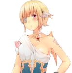  1girl au_ra bare_shoulders blonde_hair blush breasts eyepatch final_fantasy final_fantasy_xiv hair_ornament highres looking_at_viewer pink_eyes rima_(rimarip) short_hair solo upper_body white_background wings 