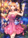  1girl :d alcohol bare_shoulders blonde_hair blue_eyes bracelet breasts champagne champagne_glass cleavage collarbone copyright copyright_name couch curly_hair dress drill_hair drink happy interitio japanese jewelry long_hair official_art open_mouth original plant short_dress sleeveless smile solo sparkle strapless strapless_dress tenka_touitsu_chronicle text twin_drills twintails wine_bottle 