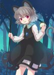  1girl animal_ears bishamonten&#039;s_pagoda bloomers commentary_request dowsing_rod dress forest grey_hair holding iris_anemone jewelry mouse_ears mouse_tail nature nazrin pendant red_eyes round_teeth short_hair solo tail teeth touhou underwear 