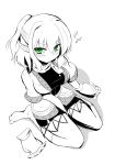  1girl arm_support barefoot between_legs from_above green_eyes hand_between_legs japanese_clothes mizuhashi_parsee pointy_ears ponytail sitting solo spisanji spot_color touhou wariza 
