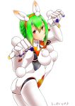  1girl absurdres animal_ears ass braid breasts bunny_tail french_braid green_hair gunslinger_stratos highres kemonomimi_mode paw_pose rabbit_ears red_eyes robot_girl robot_joints short_hair solo tail toppema_mapetto white_background xi-988 